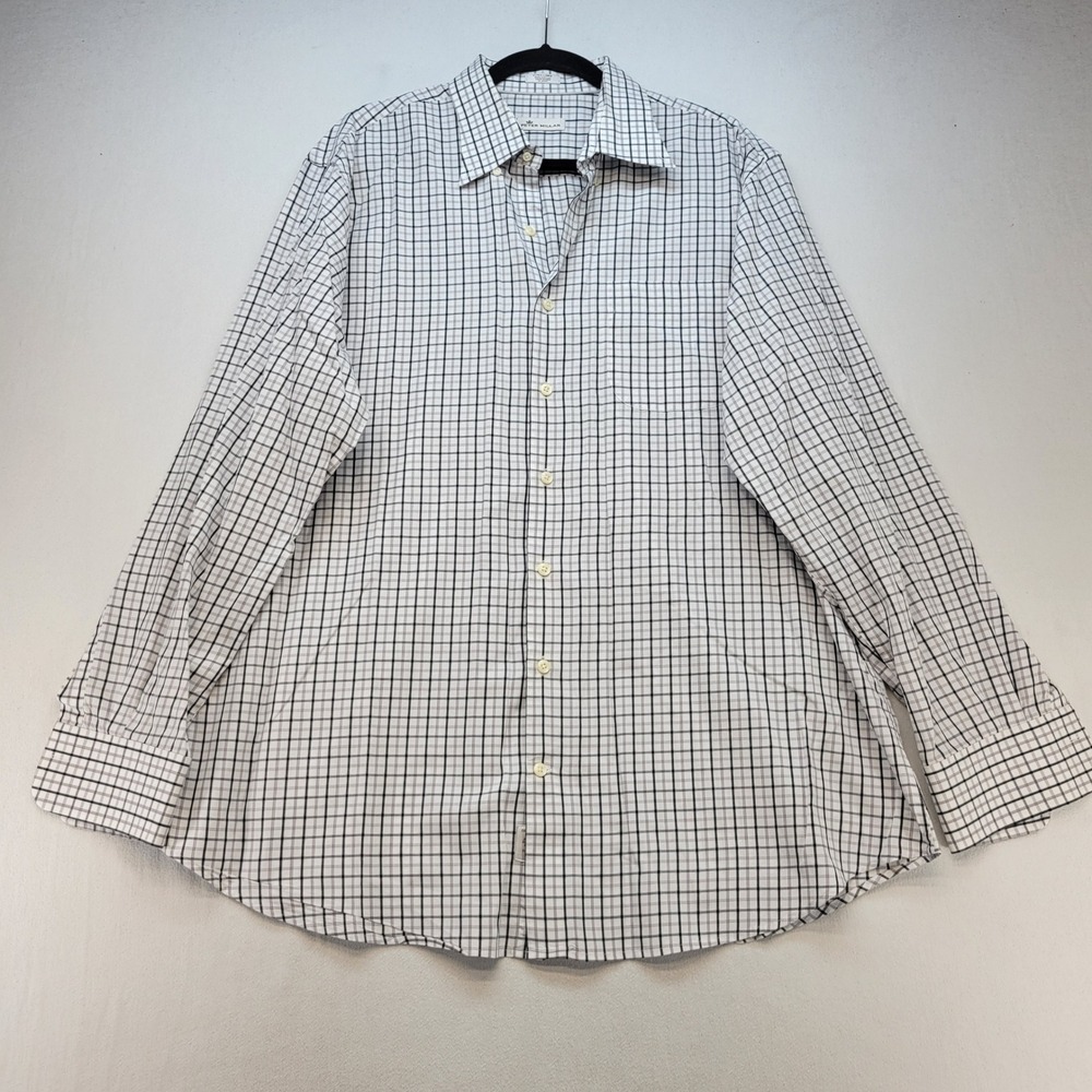 Peter Millar Button Down Shirt Mens XL White Black Grid Check Long Sleeve Cotton